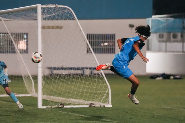 A boy playing football during his football training session at LaLiga Academy Dubai in Police Academy Park Al Sufouh