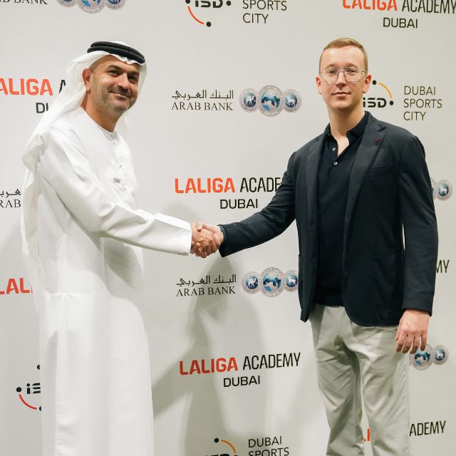 Daniels Petrovs CEO of ISD Dubai Sports City with officials of Arab Bank during the launch of LaLiga Academy Dubai's Partnership with Arabi Junior (2)