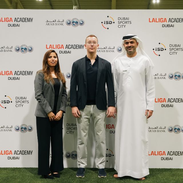 Daniels Petrovs CEO of ISD Dubai Sports City with officials of Arab Bank during the launch of LaLiga Academy Dubai's Partnership with Arabi Junior